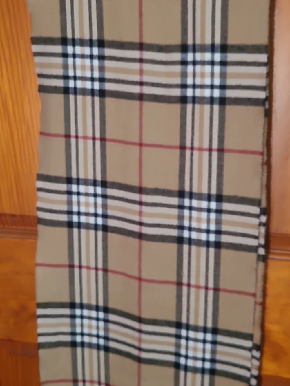 Classic Tan Plaid Scarf with Black, White and Red Stripes Cashmere NWOT Italy